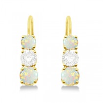 Three-Stone Leverback Diamond & Opal Earrings 14k Yellow Gold (1.00ct)