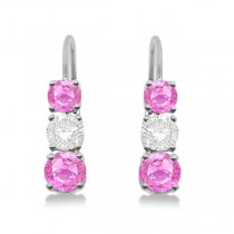 Three-Stone Leverback Diamond & Pink Sapphire Earrings 14k White Gold (1.00ct)