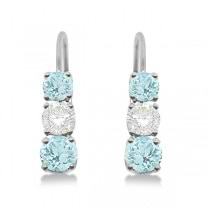Three-Stone Leverback Diamond & Aquamarine Earrings 14k White Gold (2.00ct)