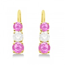 Three-Stone Leverback Diamond & Pink Sapphire Earrings 14k Yellow Gold (2.00ct)