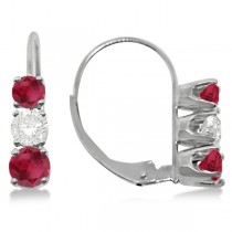 Three-Stone Leverback Diamond & Ruby Earrings 14k White Gold (2.00ct)