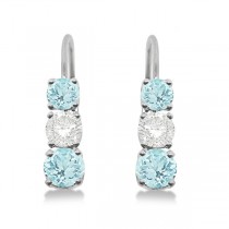 Three-Stone Leverback Diamond & Aquamarine Earrings 14k White Gold (3.00ct)
