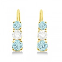 Three-Stone Leverback Diamond & Aquamarine Earrings 14k Yellow Gold (3.00ct)