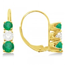 Three-Stone Leverback Diamond & Emerald Earrings 14k Yellow Gold (3.00ct)