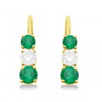 Three-Stone Leverback Diamond & Emerald Earrings 14k Yellow Gold (3.00ct)