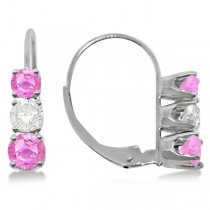 Three-Stone Leverback Diamond & Pink Sapphire Earrings 14k White Gold (3.00ct)