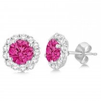 Halo Diamond Accented and Pink Tourmaline Earrings 14K White Gold (2.95ct)