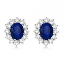 Oval Lab Blue Sapphire & Diamond Accented Earrings 14k White Gold (7.10ctw)