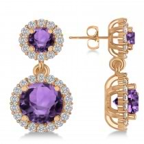 Two Stone Dangling Amethyst & Diamond Earrings 14k Rose Gold (3.00ct)