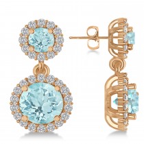 Two Stone Dangling Aquamarine & Diamond Earrings 14k Rose Gold (3.00ct)