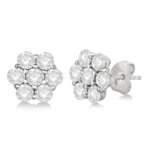Flower Shaped Diamond Cluster Stud Earrings 14K White Gold (2.80ct)