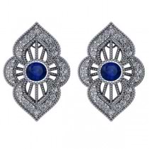 Diamond and Blue Sapphire Antique Earrings 14k White Gold (1.12ct)
