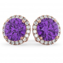 Halo Round Amethyst & Diamond Earrings 14k Rose Gold (4.17ct)