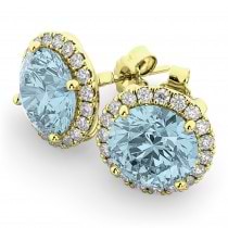 Halo Round Aquamarine & Diamond Earrings 14k Yellow Gold (4.97ct)