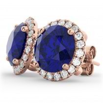 Halo Round Blue Sapphire & Diamond Earrings 14k Rose Gold (5.17ct)
