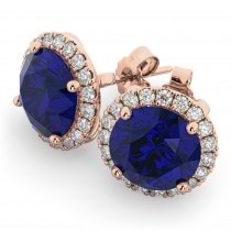 Halo Round Blue Sapphire & Diamond Earrings 14k Rose Gold (5.17ct)