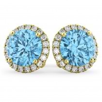 Halo Round Blue Topaz & Diamond Earrings 14k Yellow Gold (5.57ct)