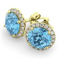 Halo Round Blue Topaz & Diamond Earrings 14k Yellow Gold (5.57ct)