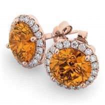 Halo Round Citrine & Diamond Earrings 14k Rose Gold (4.17ct)