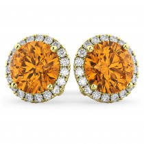 Halo Round Citrine & Diamond Earrings 14k Yellow Gold (4.17ct)