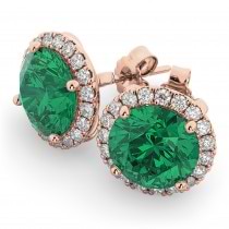 Halo Round Emerald & Diamond Earrings 14k Rose Gold (4.97ct)
