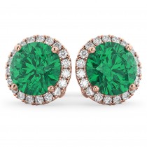 Halo Round Lab Emerald & Diamond Earrings 14k Rose Gold (4.97ct)