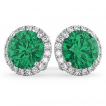Halo Round Lab Emerald & Diamond Earrings 14k White Gold (4.97ct)
