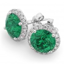 Halo Round Lab Emerald & Diamond Earrings 14k White Gold (4.97ct)