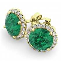 Halo Round Lab Emerald & Diamond Earrings 14k Yellow Gold (4.97ct)