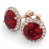 Halo Round Lab Ruby & Diamond Earrings 14k Rose Gold (5.17ct)