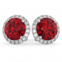 Halo Round Lab Ruby & Diamond Earrings 14k White Gold (5.17ct)