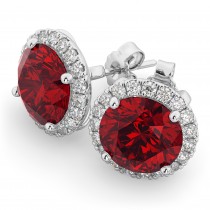 Halo Round Lab Ruby & Diamond Earrings 14k White Gold (5.17ct)