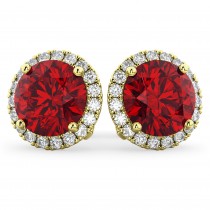 Halo Round Lab Ruby & Diamond Earrings 14k Yellow Gold (5.17ct)