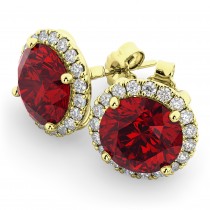 Halo Round Lab Ruby & Diamond Earrings 14k Yellow Gold (5.17ct)