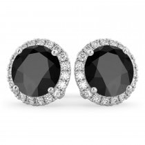 Halo Round Onyx & Diamond Earrings 14k White Gold (5.57ct)