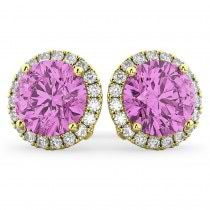 Halo Round Pink Sapphire & Diamond Earrings 14k Yellow Gold (5.17ct)