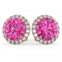 Halo Round Pink Tourmaline & Diamond Earrings 14k Rose Gold (4.57ct)