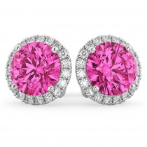 Halo Round Pink Tourmaline & Diamond Earrings 14k White Gold (4.57ct)