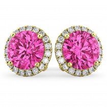 Halo Round Pink Tourmaline & Diamond Earrings 14k Yellow Gold (4.57ct)