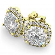 Halo Cushion Cut Diamond Stud Earrings 14k Yellow Gold (3.10ct)