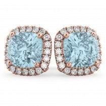 Halo Cushion Aquamarine & Diamond Earrings 14k Rose Gold (4.04ct)