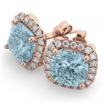 Halo Cushion Aquamarine & Diamond Earrings 14k Rose Gold (4.04ct)