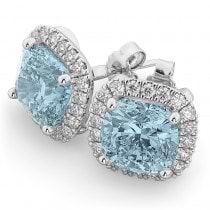 Halo Cushion Aquamarine & Diamond Earrings 14k White Gold (4.04ct)