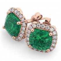 Halo Cushion Emerald & Diamond Earrings 14k Rose Gold (4.04ct)