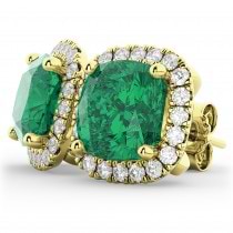 Halo Cushion Emerald & Diamond Earrings 14k Yellow Gold (4.04ct)