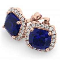 Halo Cushion Lab Blue Sapphire & Diamond Earrings 14k Rose Gold (4.04ct)