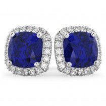 Halo Cushion Lab Blue Sapphire & Diamond Earrings 14k White Gold (4.04ct)
