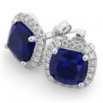 Halo Cushion Lab Blue Sapphire & Diamond Earrings 14k White Gold (4.04ct)