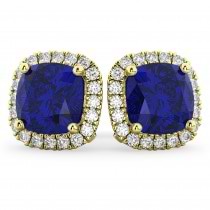 Halo Cushion Lab Blue Sapphire & Diamond Earrings 14k Yellow Gold (4.04ct)