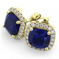 Halo Cushion Lab Blue Sapphire & Diamond Earrings 14k Yellow Gold (4.04ct)